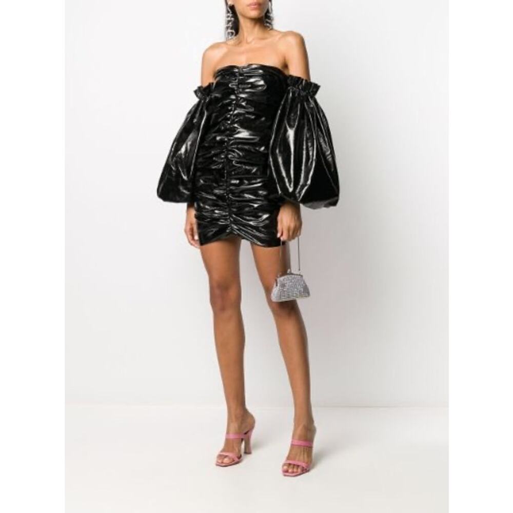 ROTATE BIRGER CHRISTENSEN Black Phoebe Vinyl Off Shoulder Mini Dress